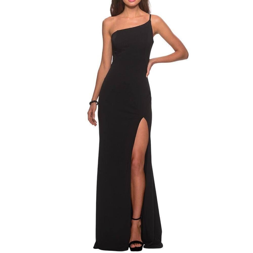 La Femme One Shoulder Dress Sleeveless Side Slit Evening Formal Black 10